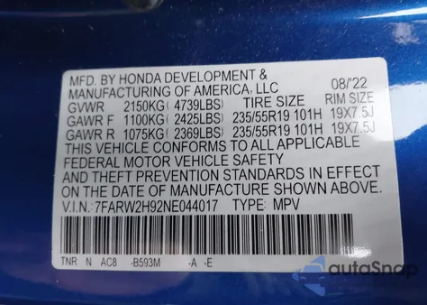 2022 Honda Cr-V Awd Touring from USA, damaged, VIN 7FARW2H92NE044017